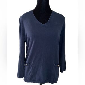 Lauren Ralph Lauren L Navy Women’s Sweater V-Neck 3/4 Sleeve Knit Nautical Top